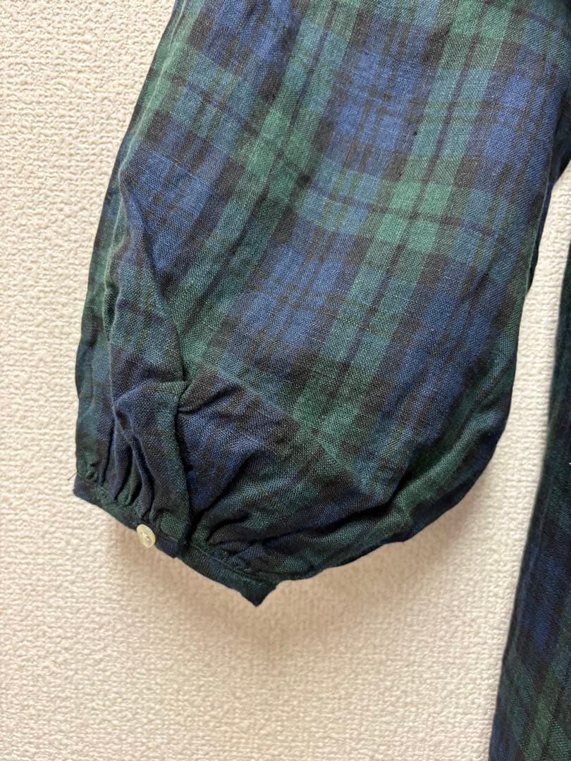 リネンピンタックボリューム袖比翼前開きロングワンピースブラックウォッチ美品