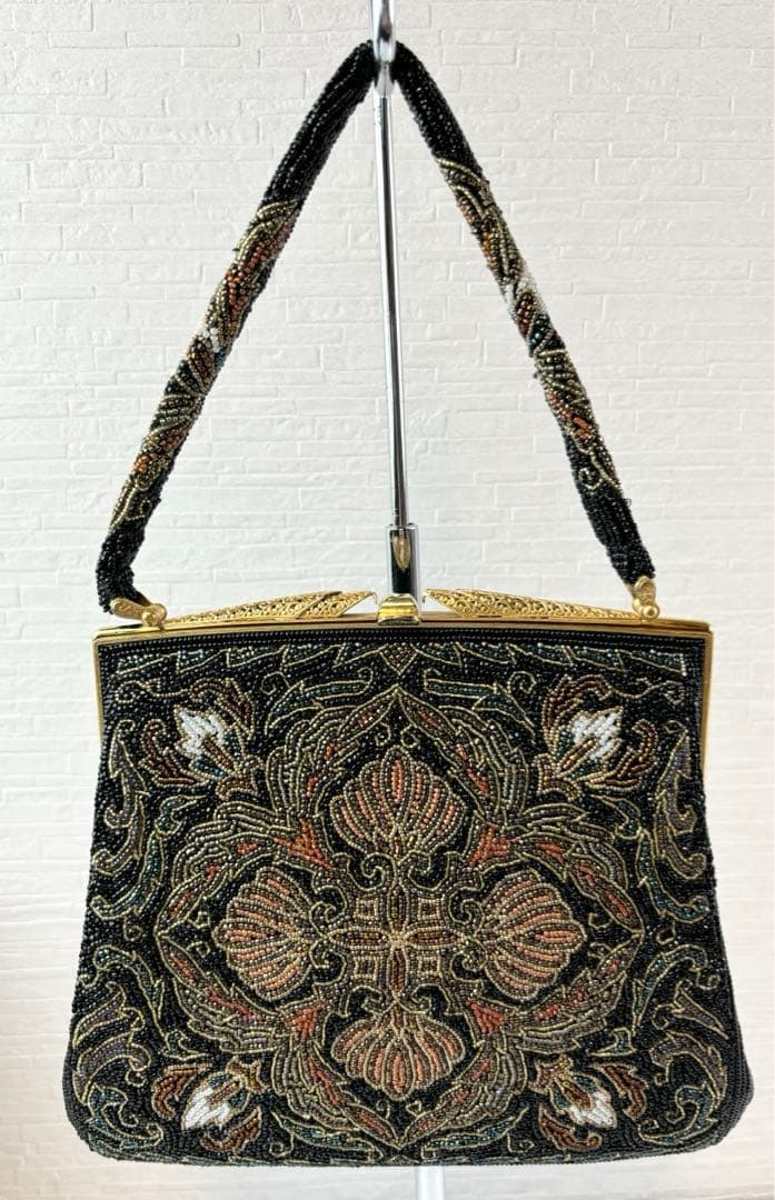 【美品】【柏ビーズ】 ビーズバッグ　ハンドバッグ パーティバッグ　黒