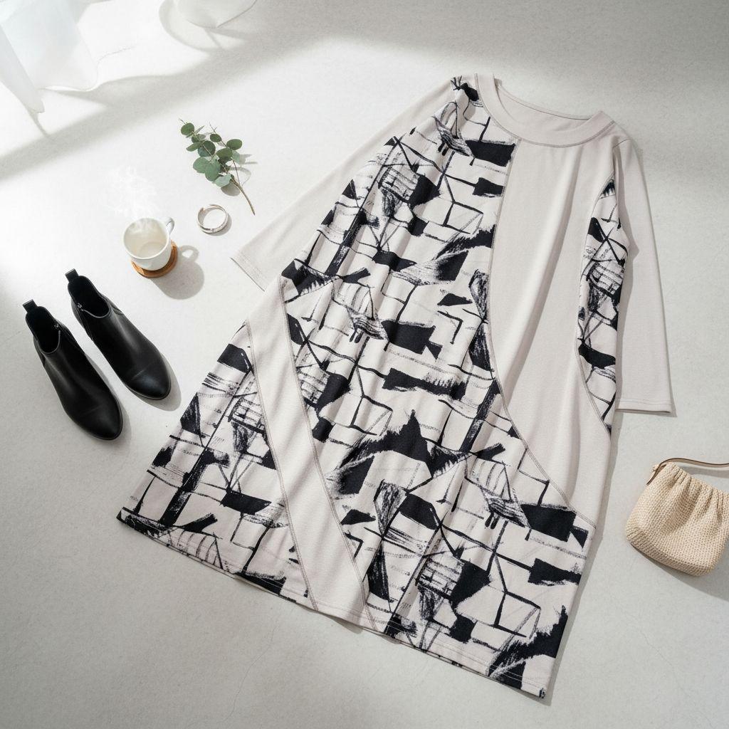 センソユニコ　UNICO　幾何学柄　アシンメトリー　ワンピース　グレー　38