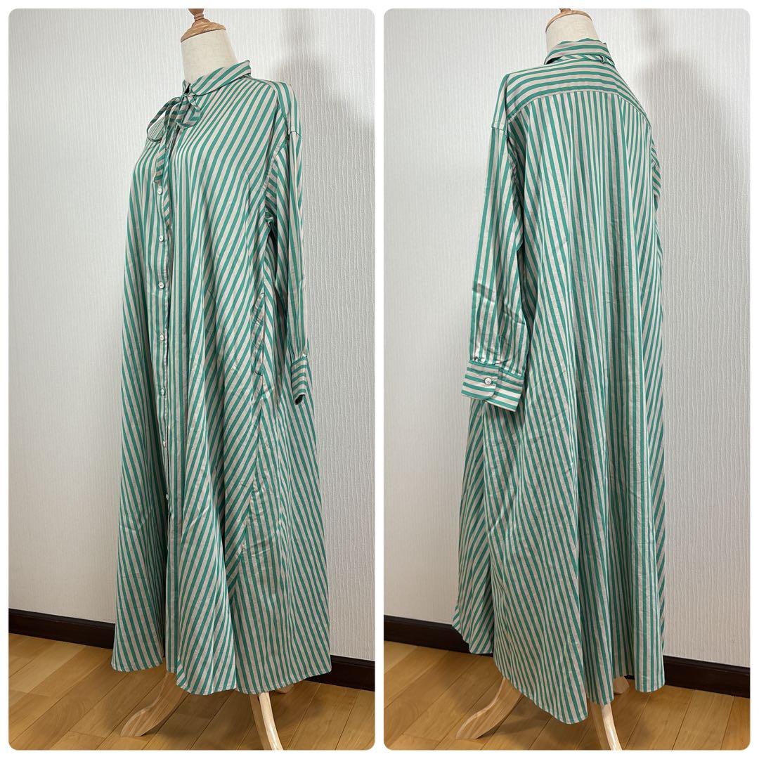 nop de nod リボン付き ストライプ シャツワンピース ロング 長袖 綿