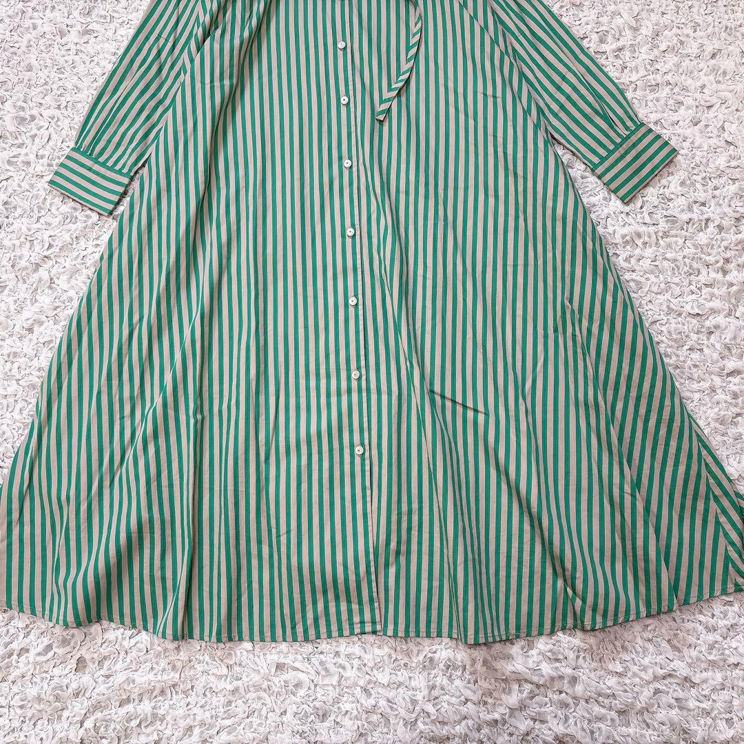 nop de nod リボン付き ストライプ シャツワンピース ロング 長袖 綿