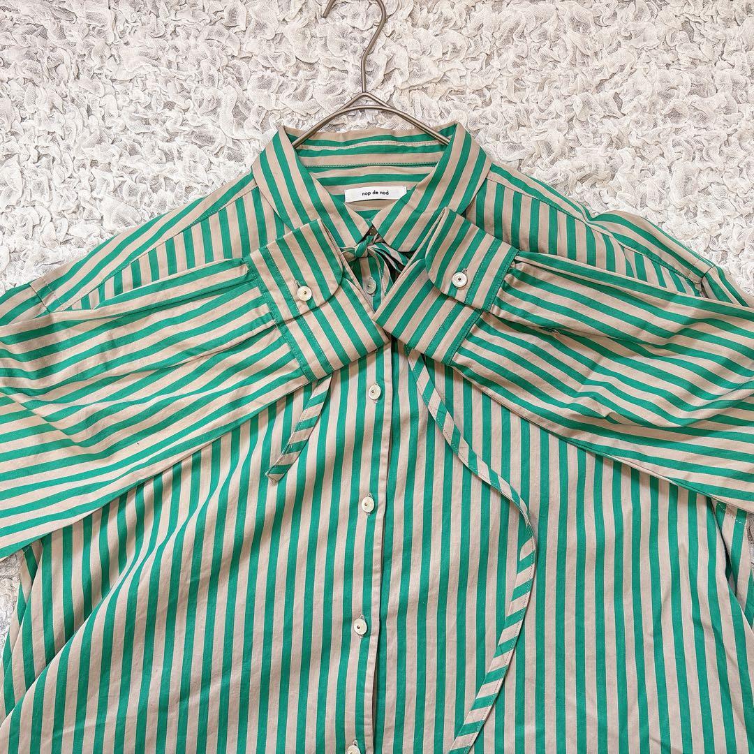nop de nod リボン付き ストライプ シャツワンピース ロング 長袖 綿