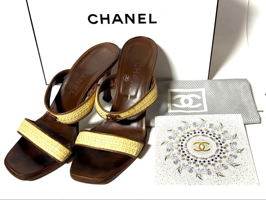 CHANELシャネル☆ブラウン ベージュ ミュール&保管袋・カード