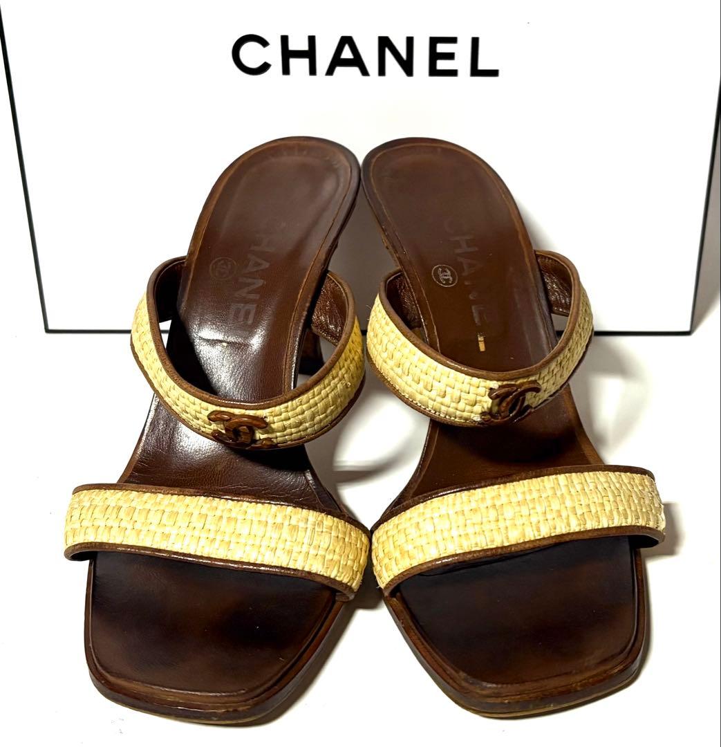 CHANELシャネル☆ブラウン ベージュ ミュール&保管袋・カード