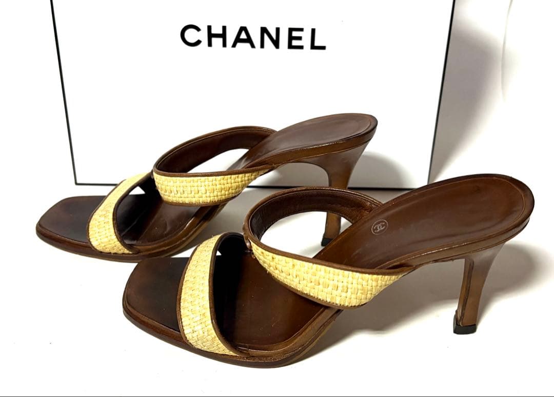 CHANELシャネル☆ブラウン ベージュ ミュール&保管袋・カード