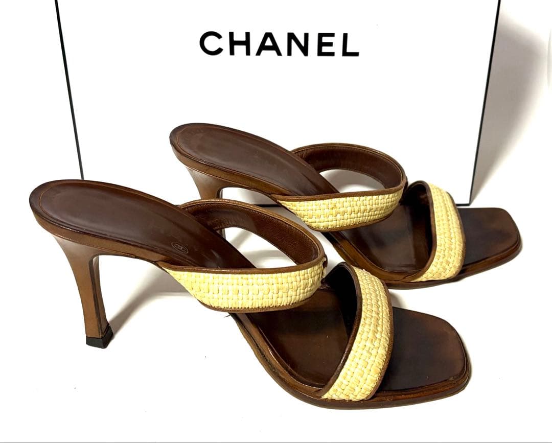 CHANELシャネル☆ブラウン ベージュ ミュール&保管袋・カード