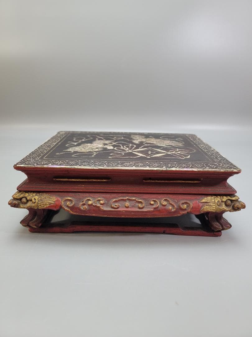 中国美術 螺鈿 獅子紋 朱漆 香炉台 DT507