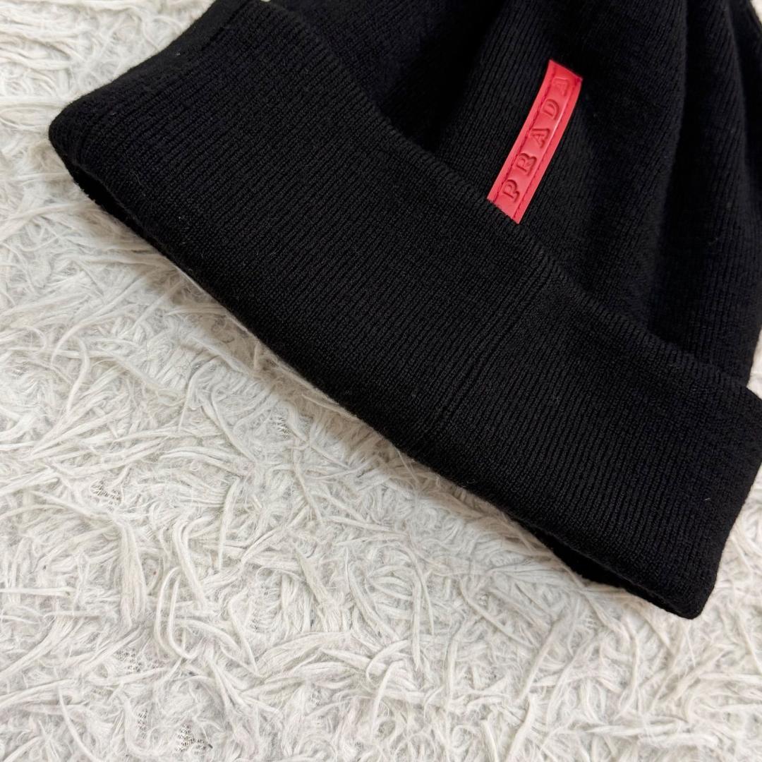 17483✨プラダスポーツ ラバーロゴ ニット帽 ウール ブラック