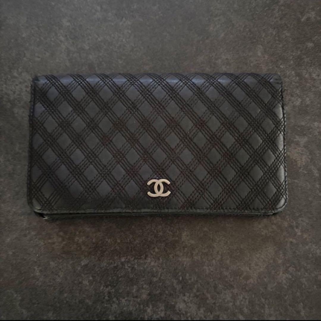 CHANEL ブラック レザー 長財布 二つ折り キルティング ココマーク