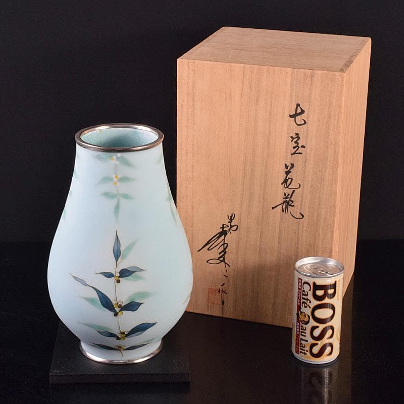 七宝焼　田村七宝工芸　田村幸夫作　草文　花瓶　台付　共箱　M　R7764B