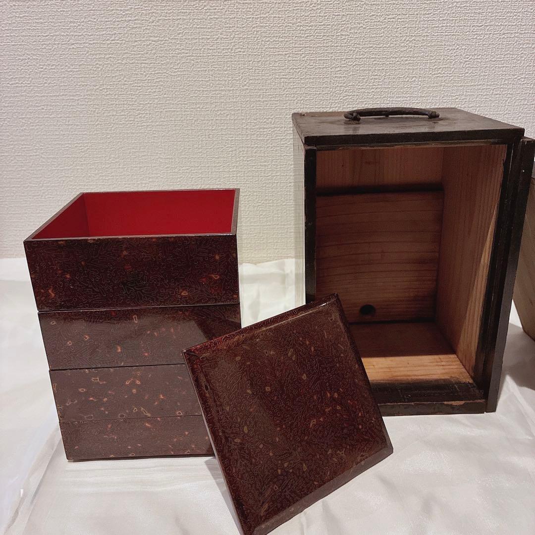アンティーク品(明治)4段 若狭塗り ミニお重＆木箱のset