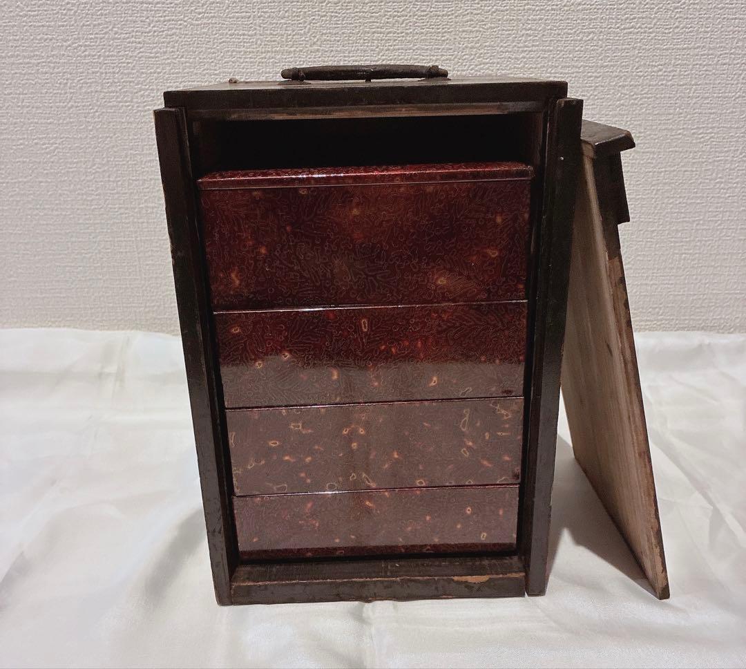 アンティーク品(明治)4段 若狭塗り ミニお重＆木箱のset