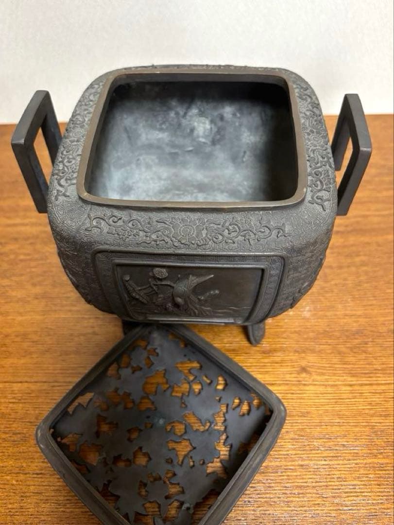 銅製　香炉　花器　透かし彫