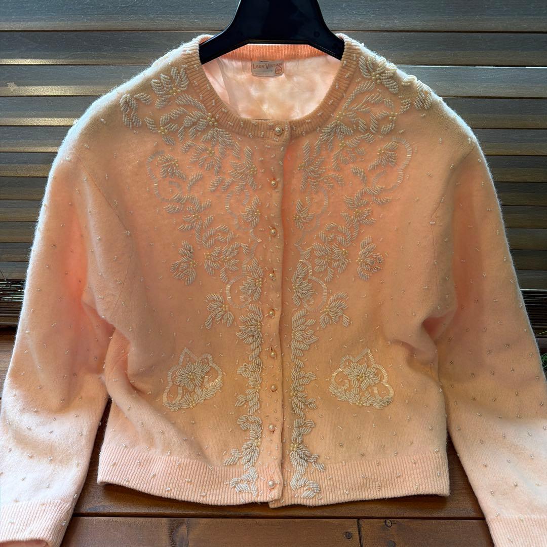 50s60s 香港製　ヴィンテージ ビーズ刺繍カーディガン　パール装飾　ニット