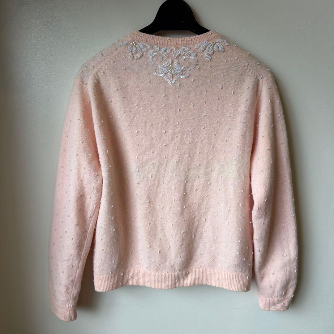 50s60s 香港製　ヴィンテージ ビーズ刺繍カーディガン　パール装飾　ニット
