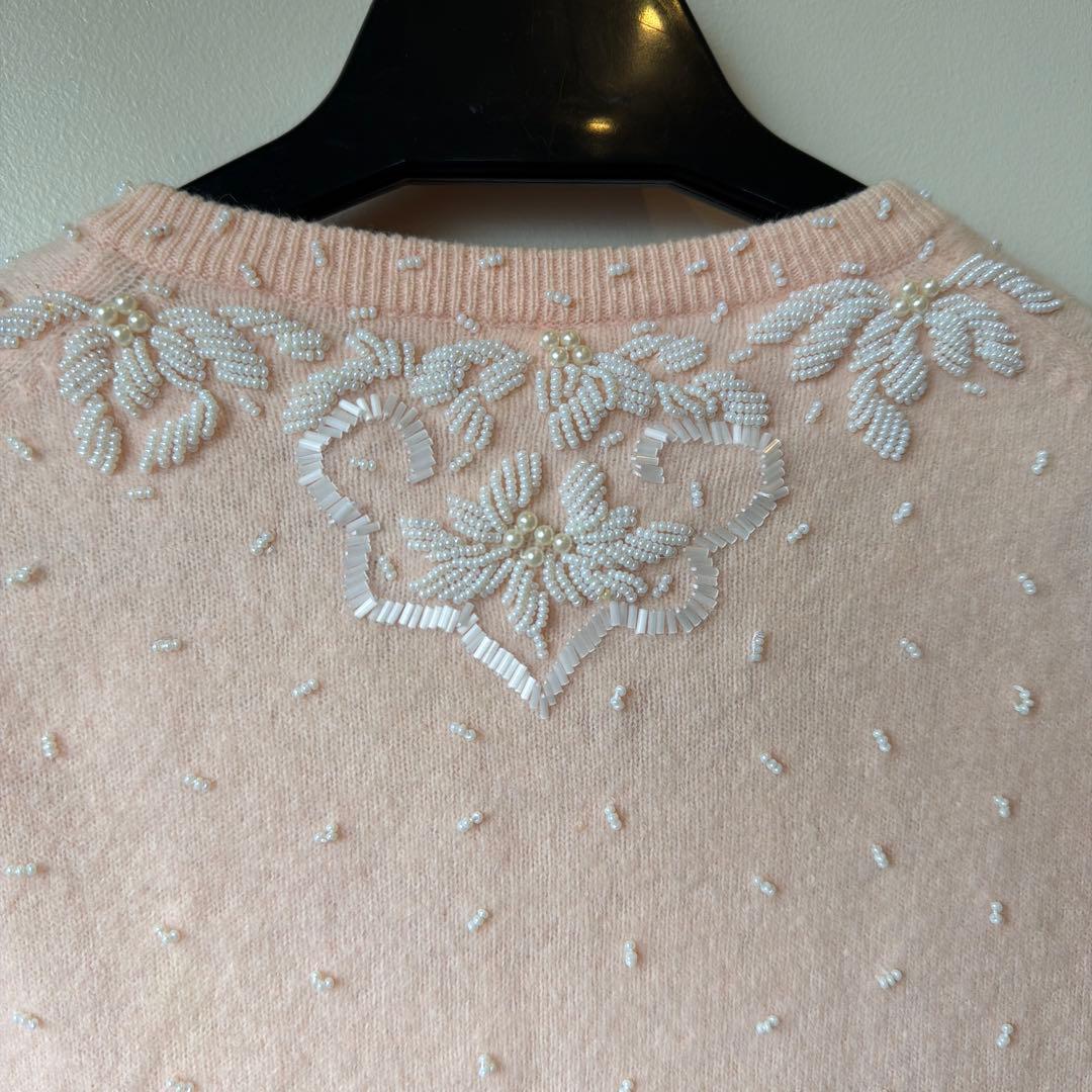50s60s 香港製　ヴィンテージ ビーズ刺繍カーディガン　パール装飾　ニット