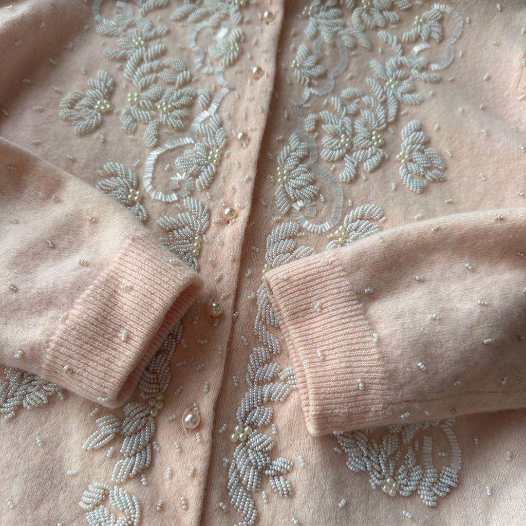 50s60s 香港製　ヴィンテージ ビーズ刺繍カーディガン　パール装飾　ニット