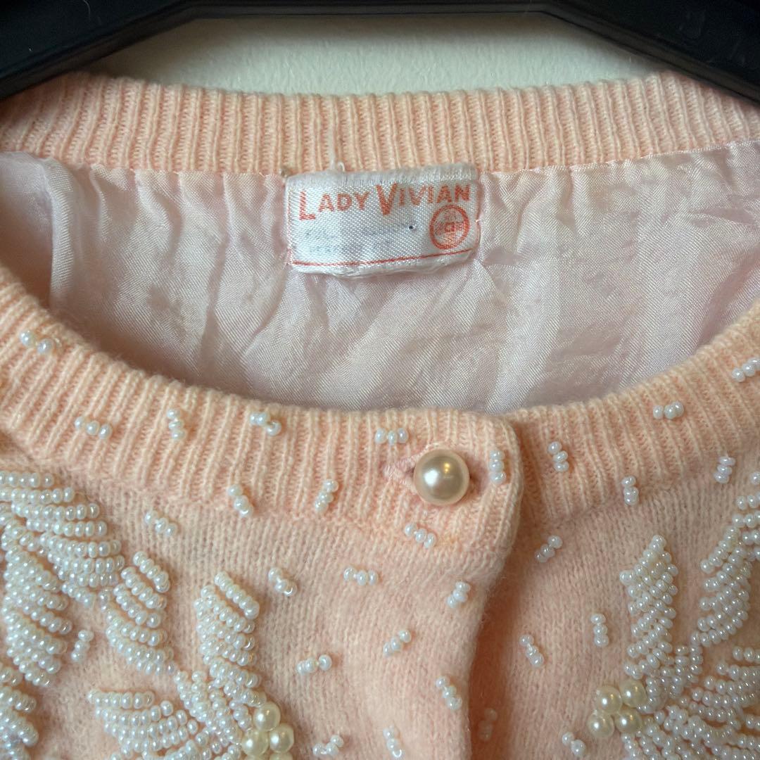 50s60s 香港製　ヴィンテージ ビーズ刺繍カーディガン　パール装飾　ニット