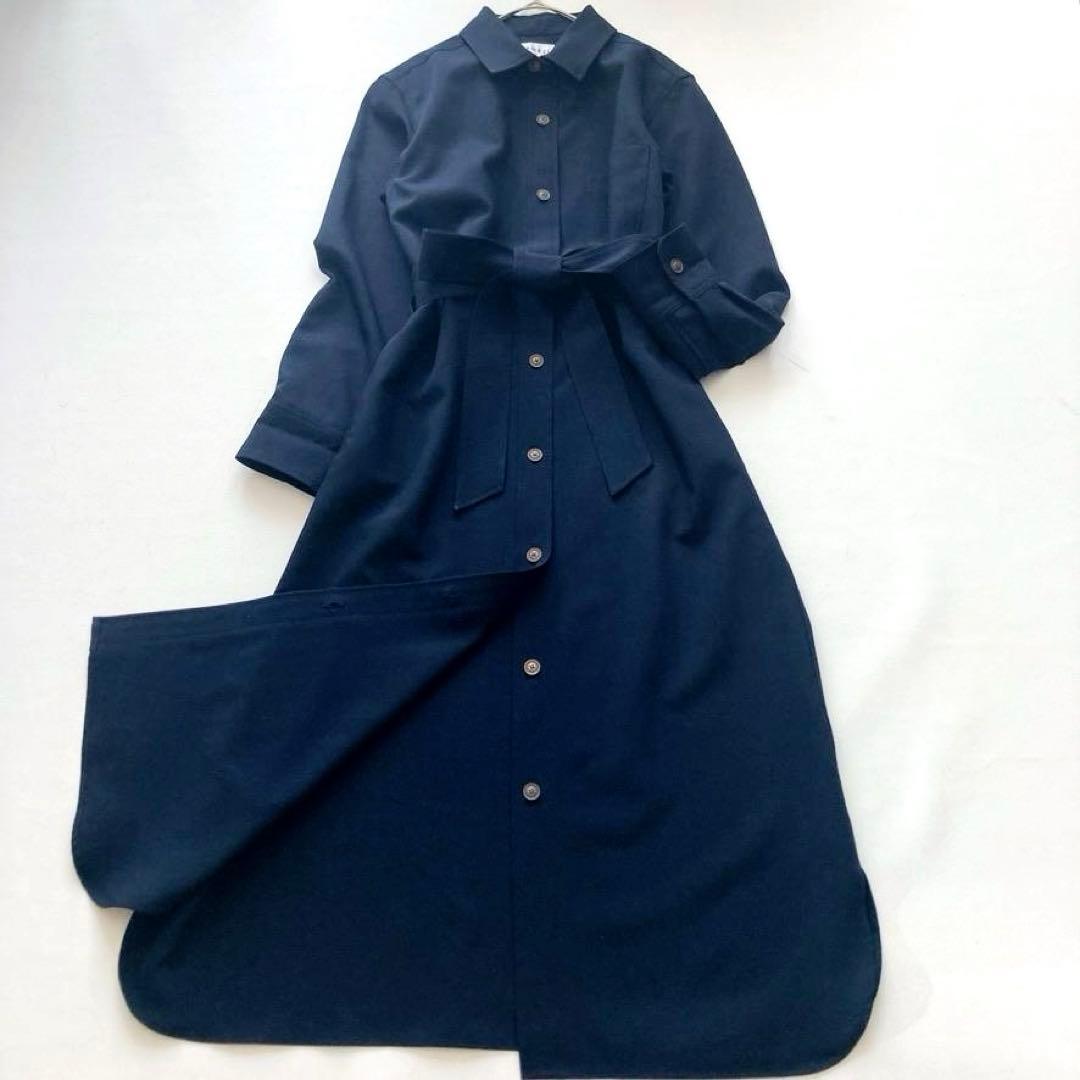 【大人気美品】SOEJU　ソフトオックスシャツワンピース ベルト付 ネイビー S