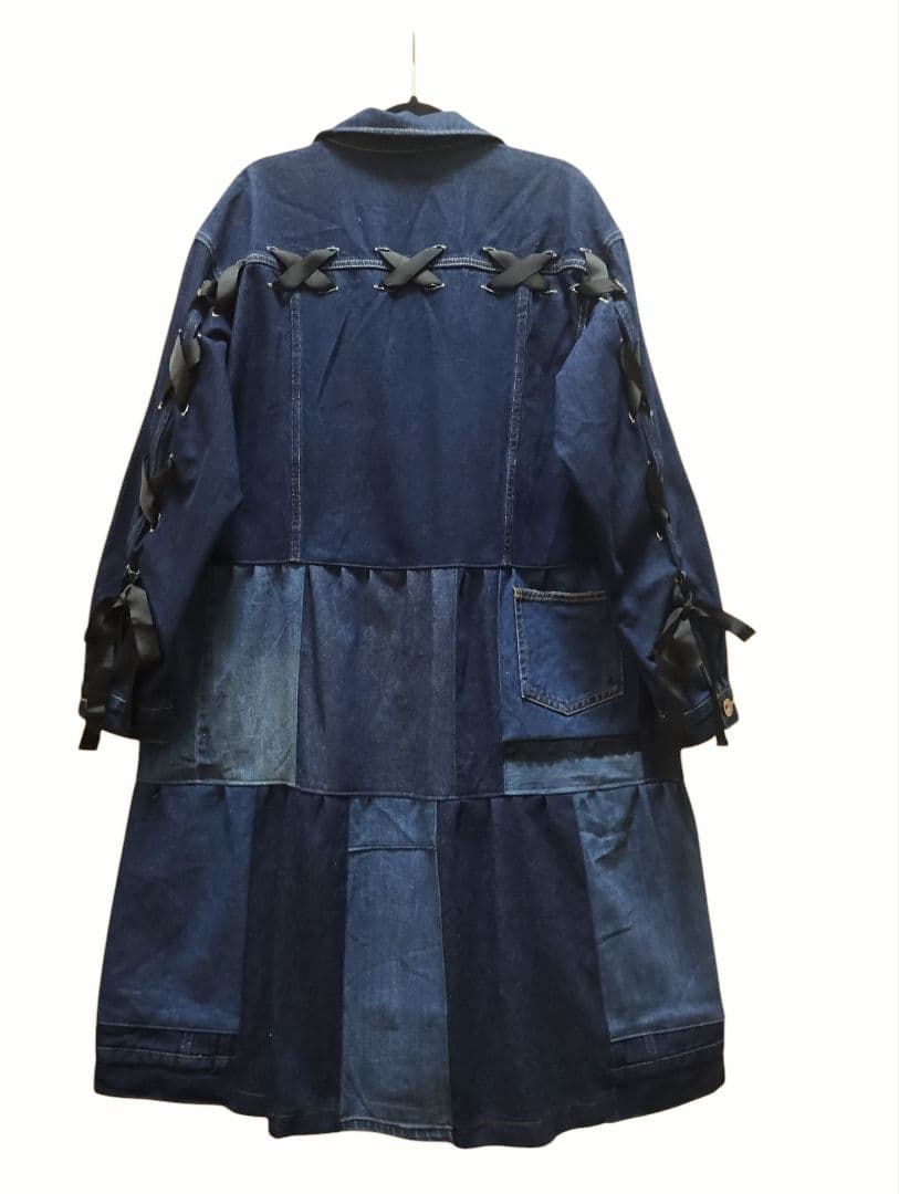 古着リメイク　編み上げリボンのの可愛いGジャンデニムリメイクロングジャケット