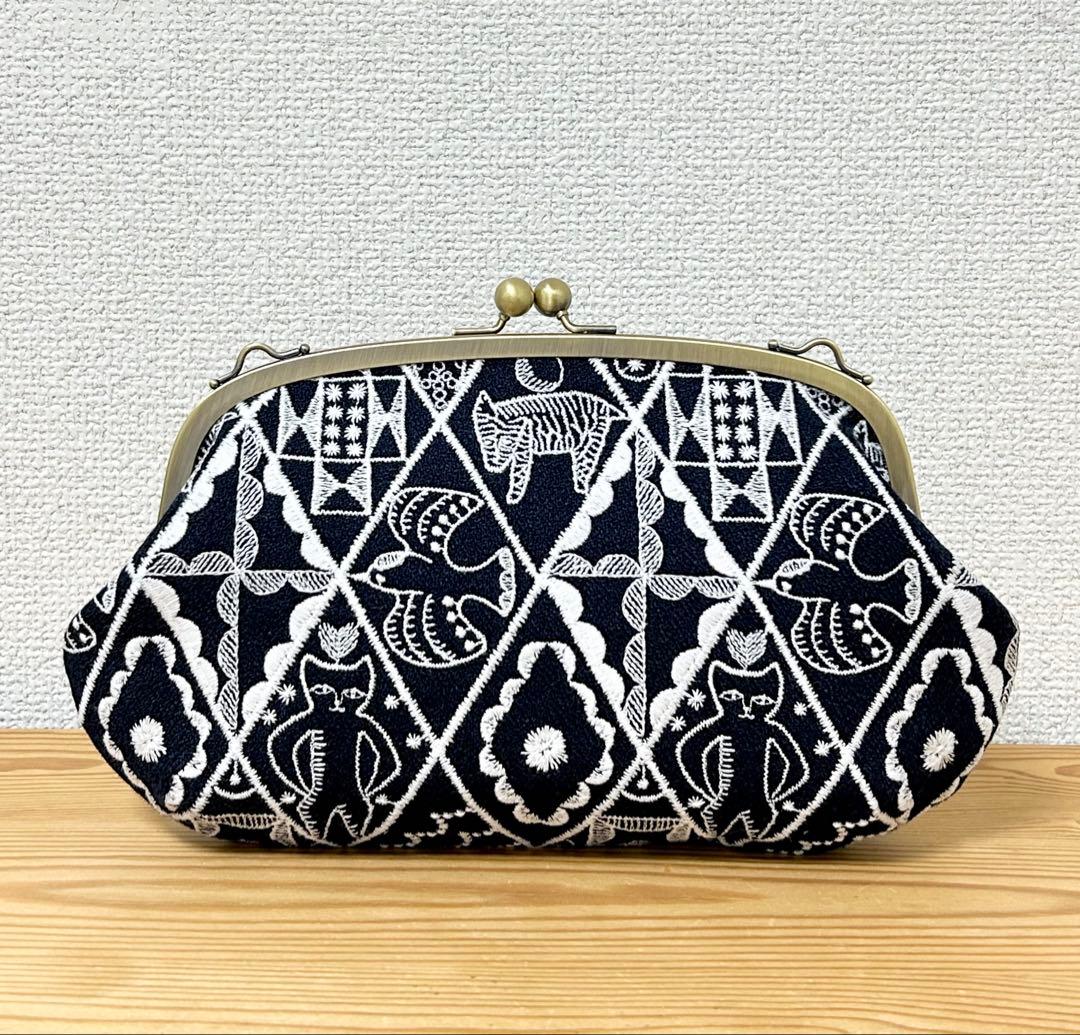 ハンドメイド がま口バッグ ポーチ symphony ネイビー ミナペルホネ