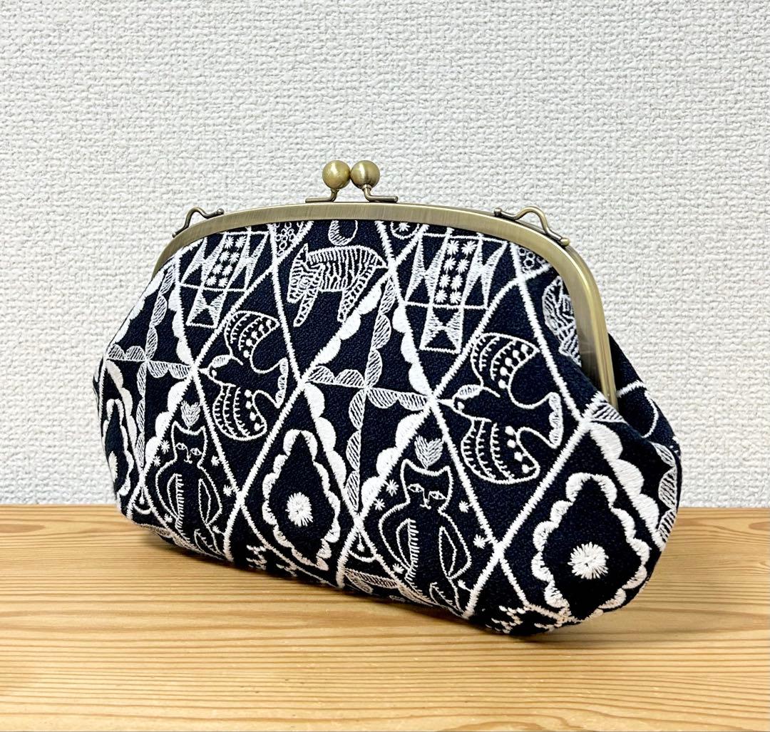 ハンドメイド がま口バッグ ポーチ symphony ネイビー ミナペルホネ