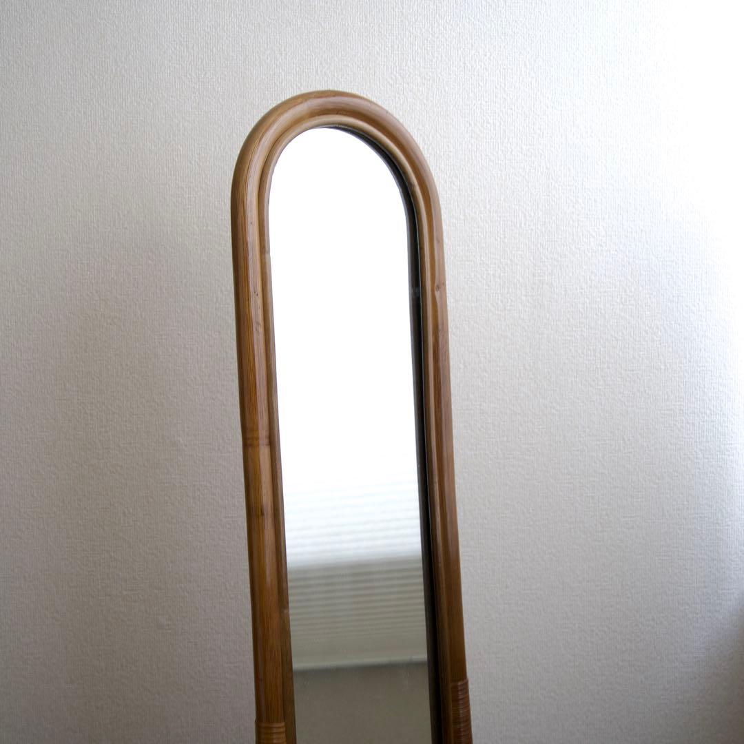 籐 ラタンフレーム 回転式 スタンドミラー 姿見鏡 全身鏡 回転鏡 回転ミラー