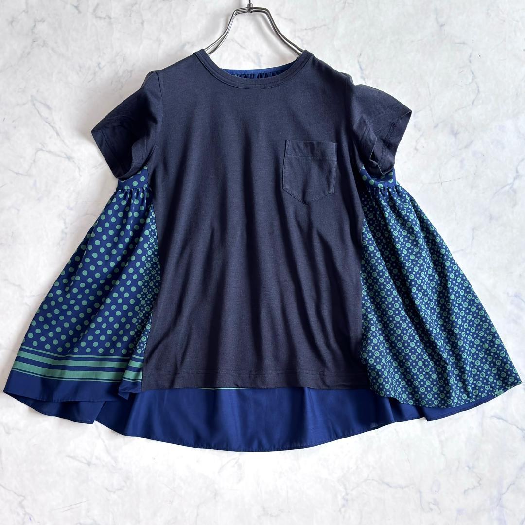 サカイ リネン 切替 半袖カットソー ネイビー サイズ3 ub9