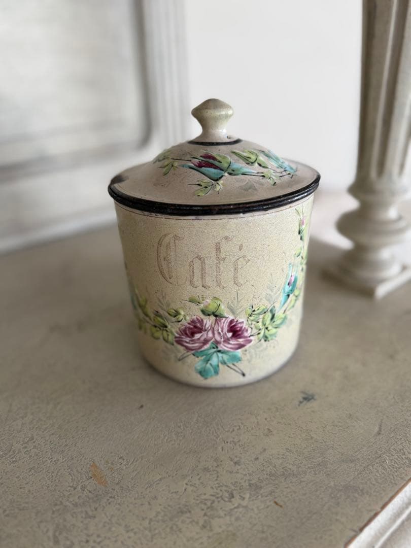 フランスアンティークレアなハンドペイントクリーム色cafeキャニスター