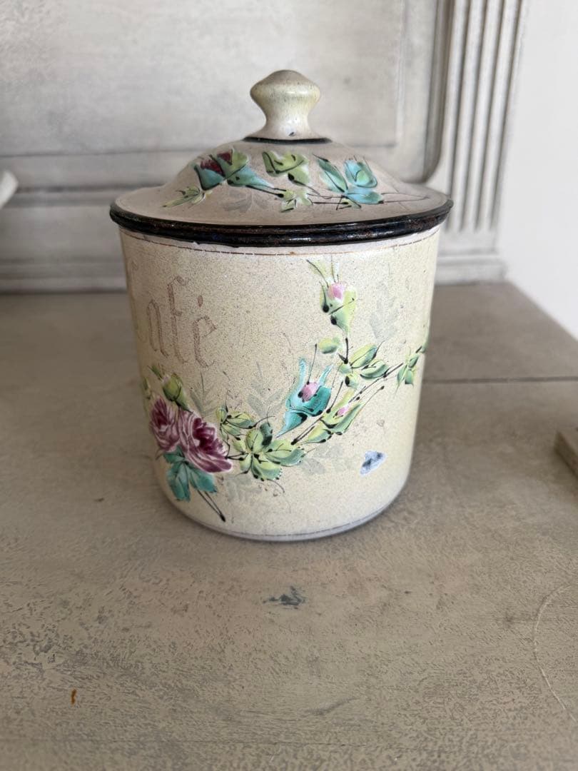 フランスアンティークレアなハンドペイントクリーム色cafeキャニスター