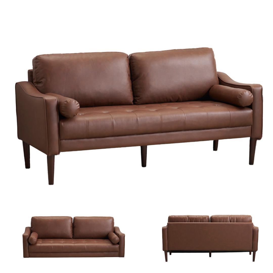 ブラウン ソファー 3人掛け カウチソファ リビングソファ PUレザータイプ