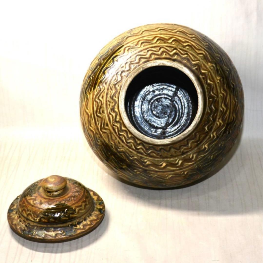 小鹿田焼 横縞櫛目緑釉打掛蓋付壺 29cm 未使用美品 民藝