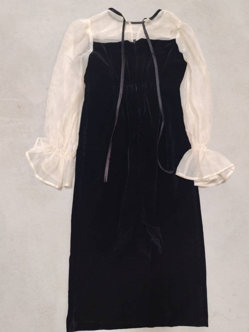 Chico ブラックドレス 配色シースルータイトロングドレス フリル