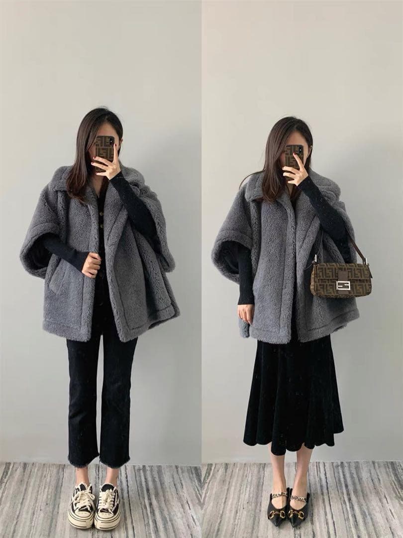 新品未使用 ベアポンチョ　アルパカ素材 グレー テディベア ケープ