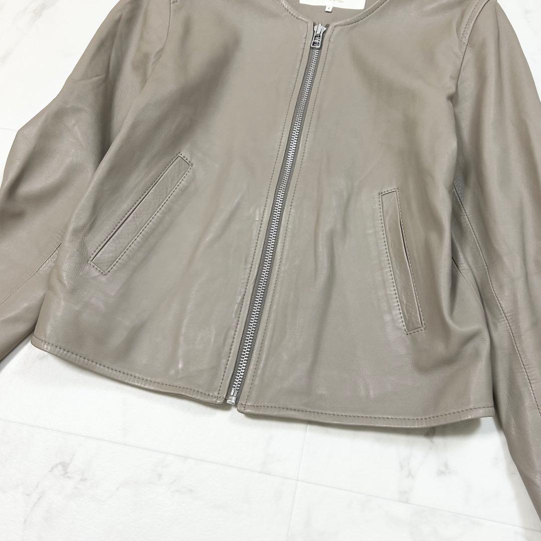 美品 ビームス ラムレザー 羊革 ノーカラー ライダースジャケット ベージュ 1