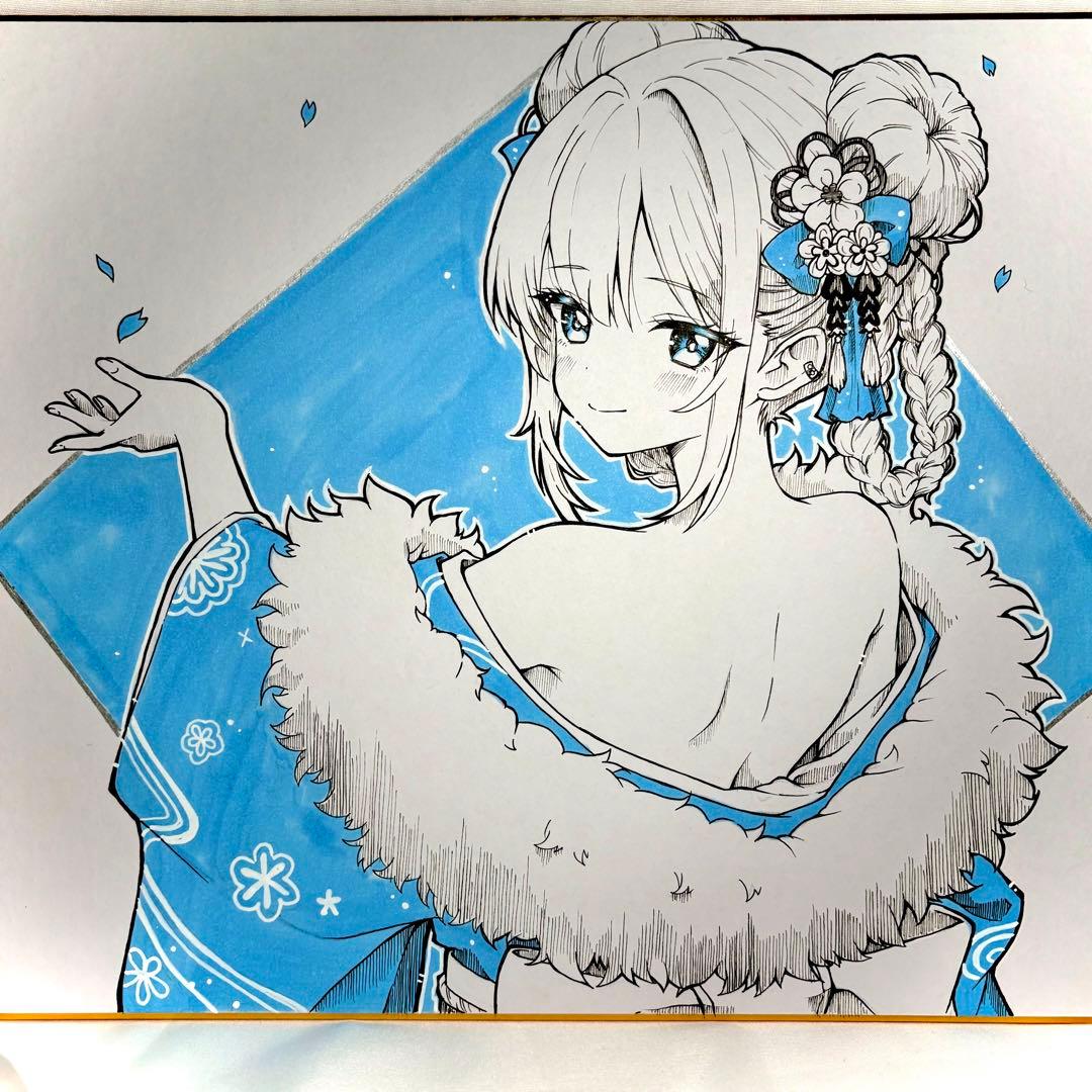 こ*】様 オリジナル手描きイラスト 【水縹の後ろ姿】アナログ　大色紙