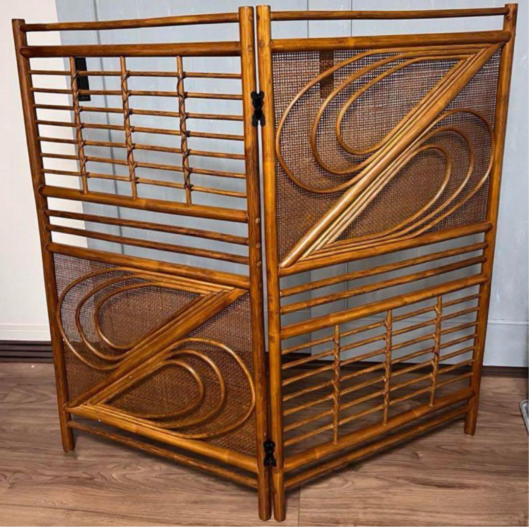 折りたたみパーテーション 昭和レトロ 間仕切り 和風 木製 衝立　ラタン　籐