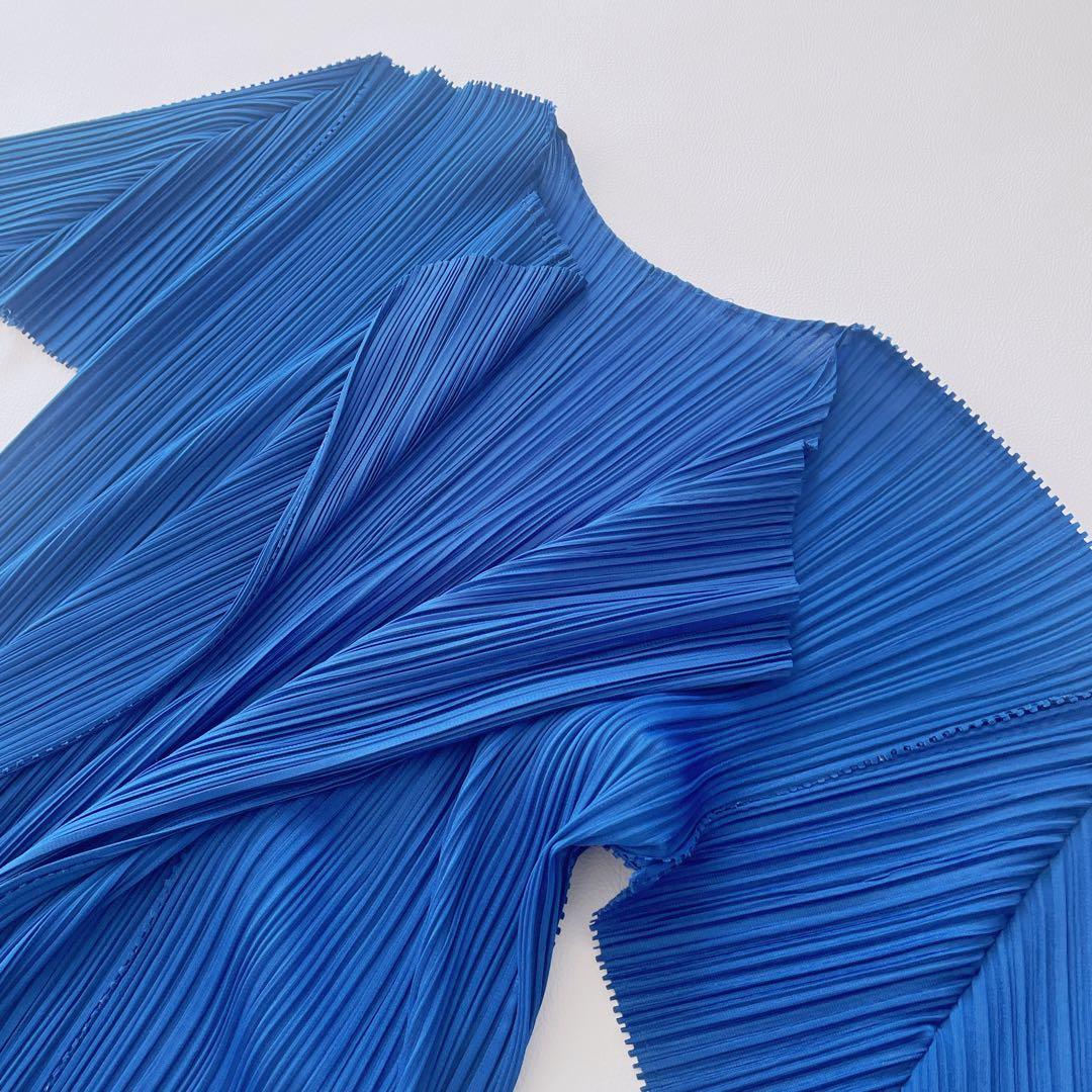 美品✨プリーツプリーズ　ロングカーディガン　羽織り　ノーカラーカーディガン　青