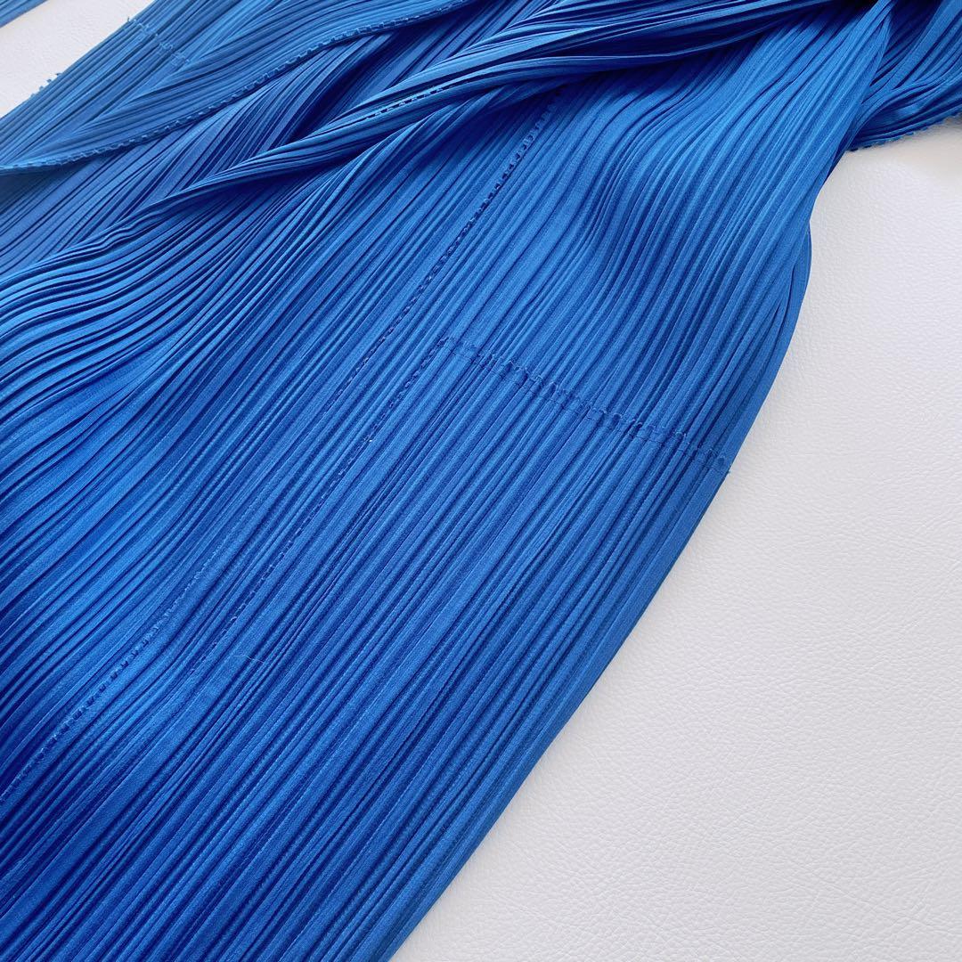 美品✨プリーツプリーズ　ロングカーディガン　羽織り　ノーカラーカーディガン　青