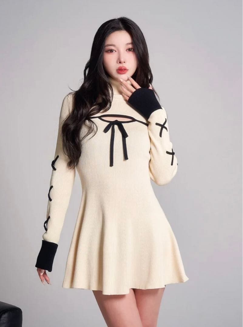 Darich バイカラーリボンデザインニットミニワンピース