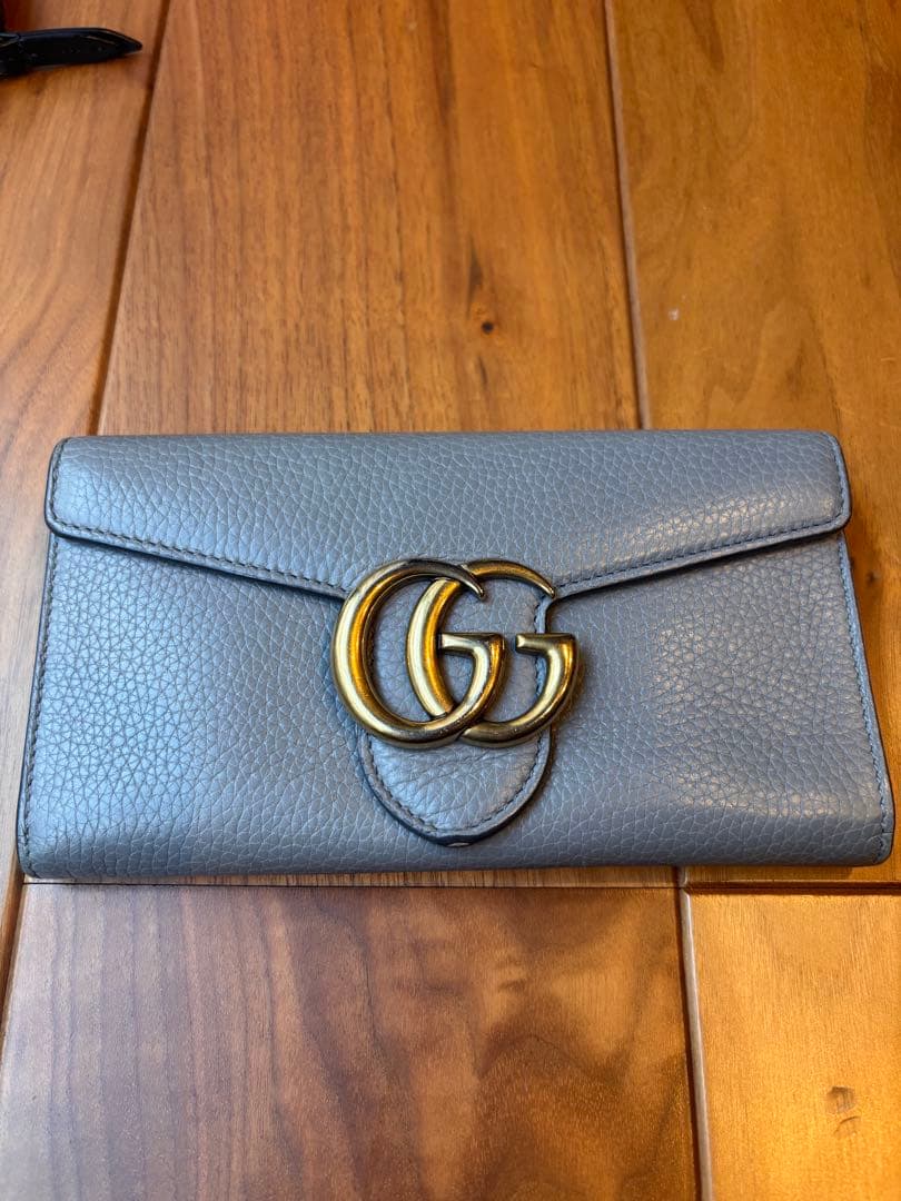 本物美品‼️グッチ 長財布 ビックマーモント GG レザー グレー ロゴ フラップ