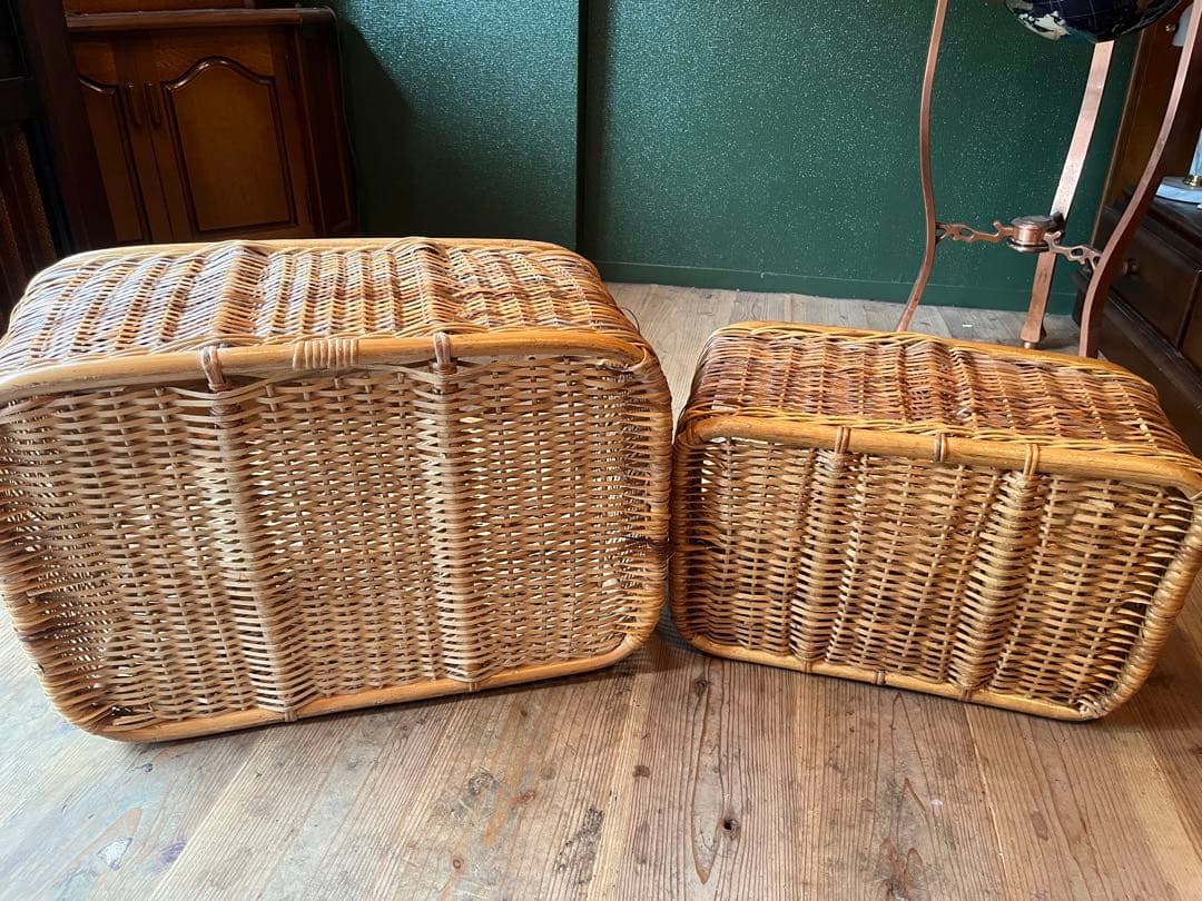 籐 ラタン かご バスケット 大小 セット 昭和レトロ 当時物 インテリア 収納