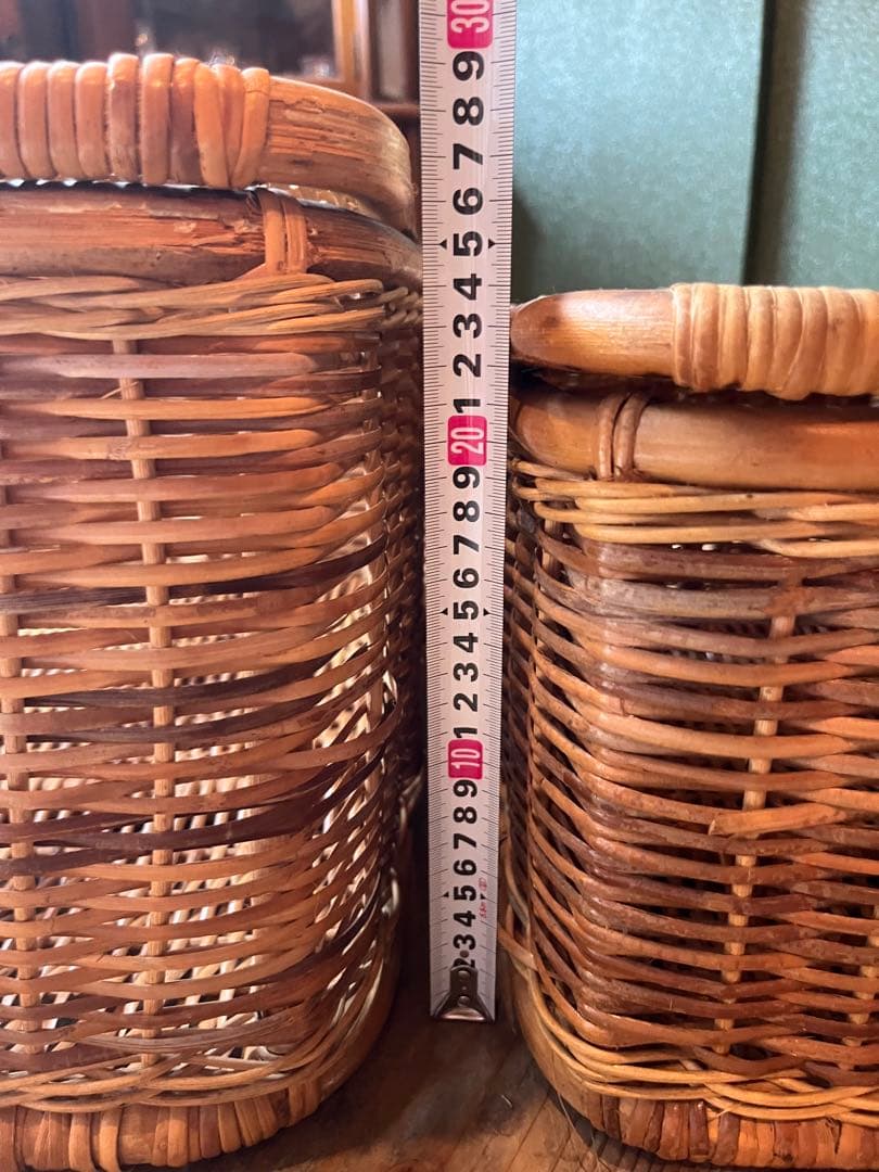 籐 ラタン かご バスケット 大小 セット 昭和レトロ 当時物 インテリア 収納