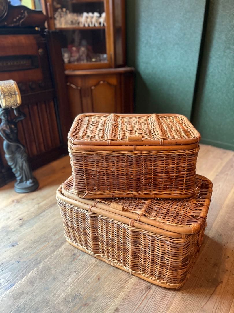 籐 ラタン かご バスケット 大小 セット 昭和レトロ 当時物 インテリア 収納