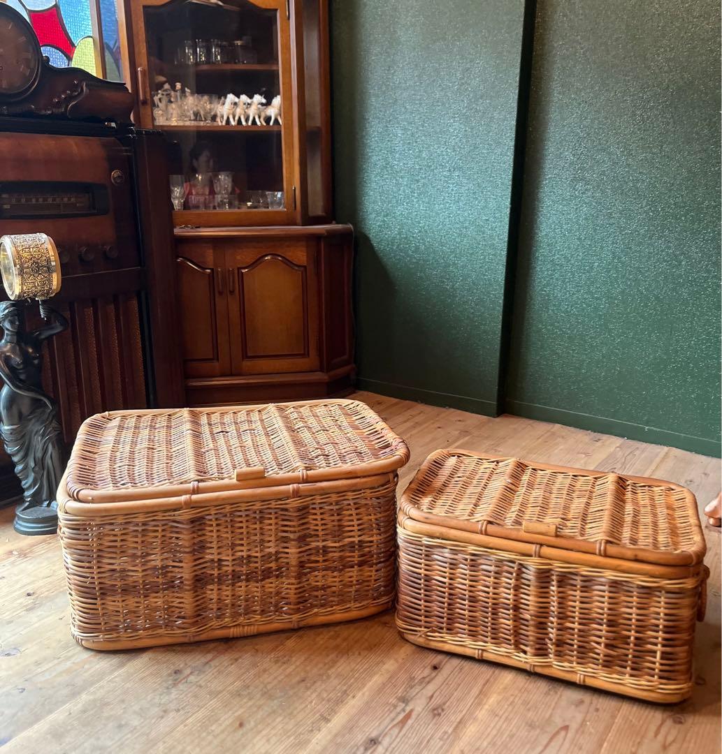 籐 ラタン かご バスケット 大小 セット 昭和レトロ 当時物 インテリア 収納