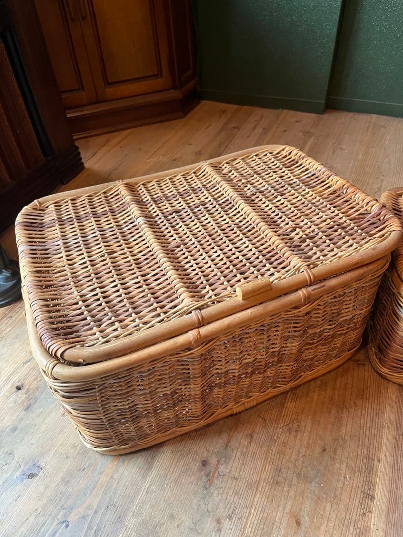 籐 ラタン かご バスケット 大小 セット 昭和レトロ 当時物 インテリア 収納
