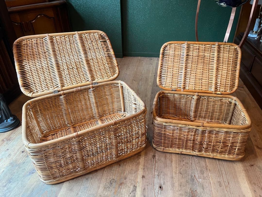 籐 ラタン かご バスケット 大小 セット 昭和レトロ 当時物 インテリア 収納