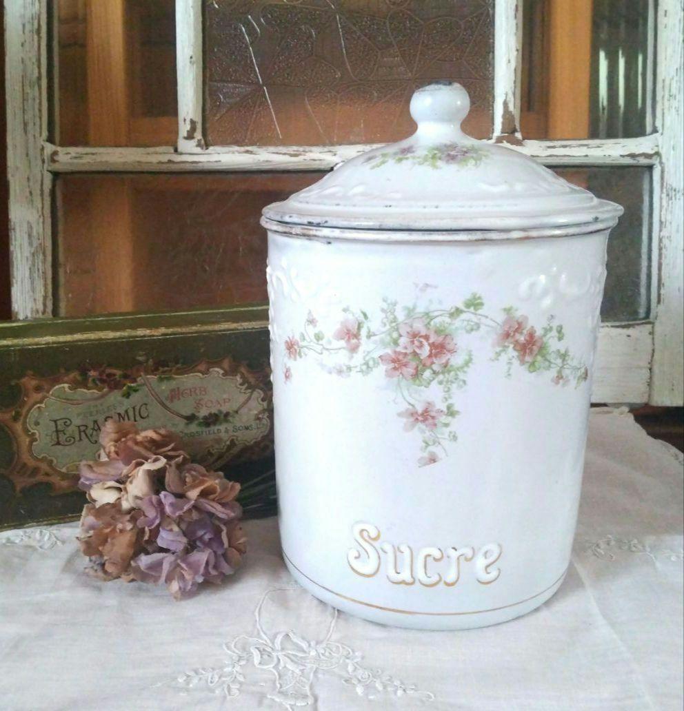 レア✨フランスアンティーク BF社 ホーローキャニスター すみれ 菫 花柄