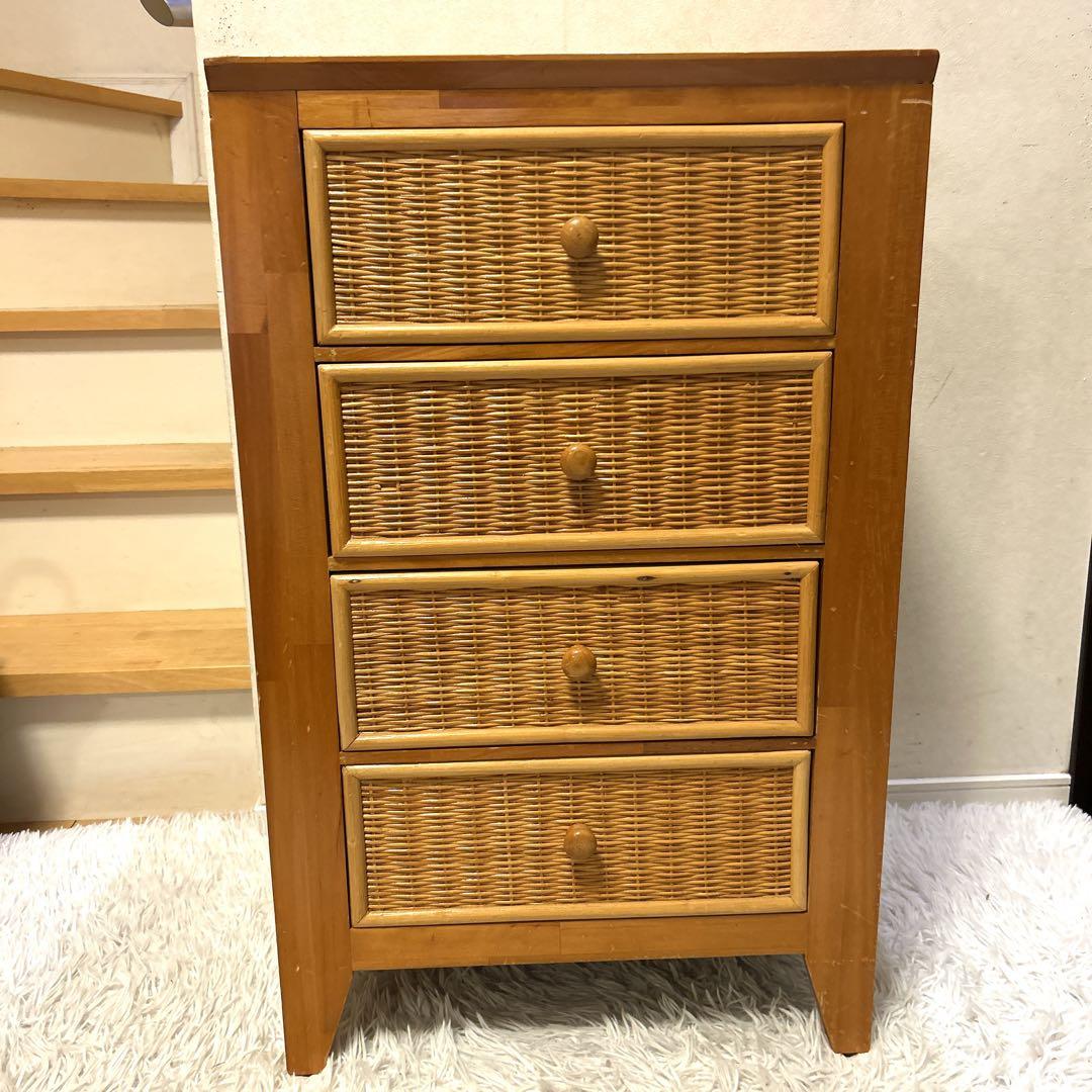 ラタン ＋ 木製 4段チェスト 引き出し 収納 タンス ビンテージ 木枠 家具