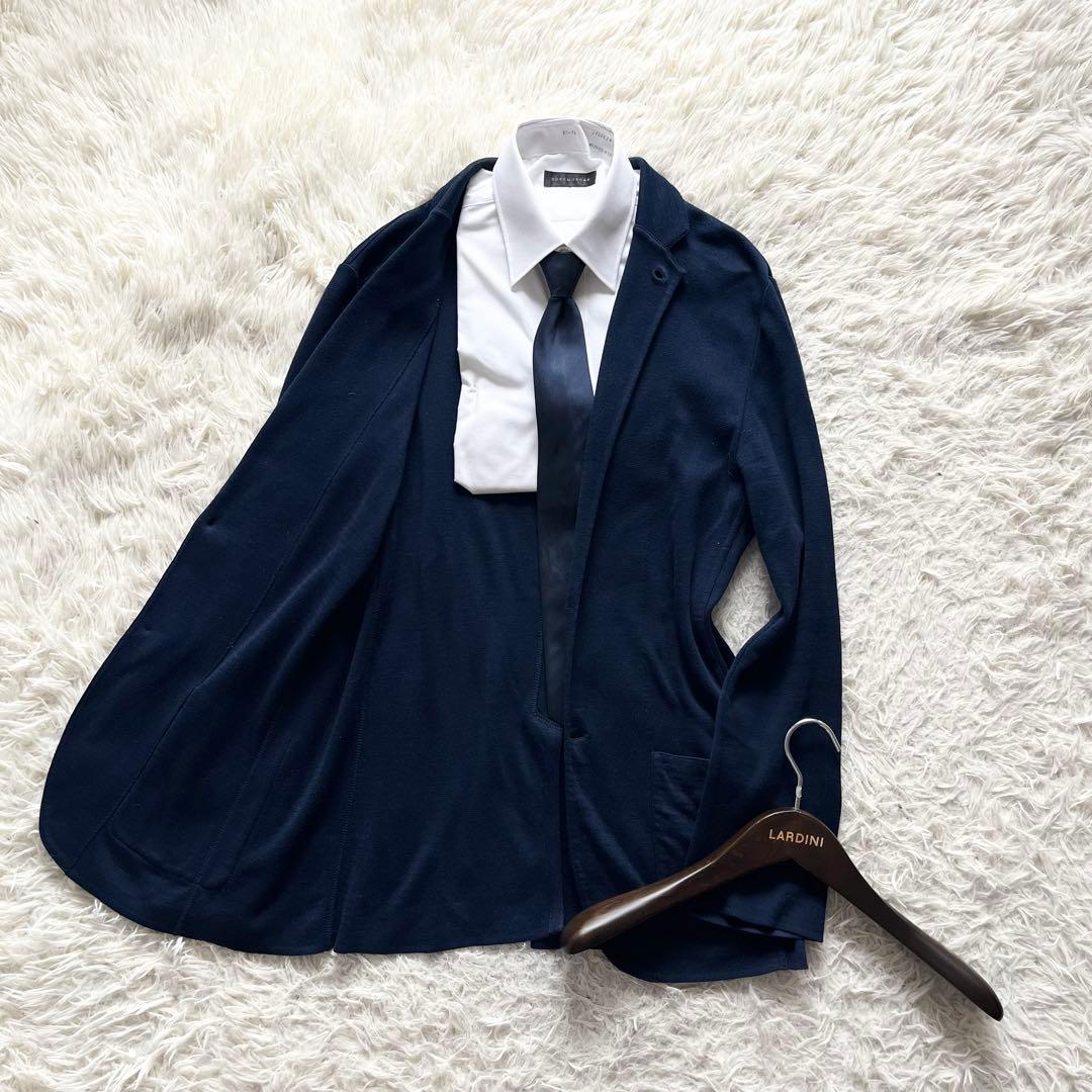 <美品>LARDINI ネイビー コットン ニット ジャケット サイズM相当
